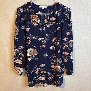 New Stitch Fix Navy Blue Floral Split‎ Neck 3/4 Sleeve Blouse Womens Size Small